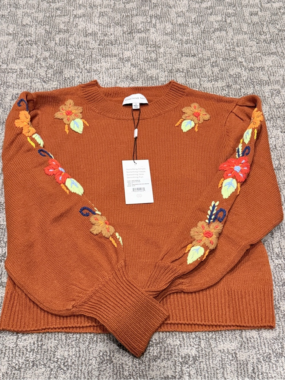 Embroidered Floral Crewneck Sweater - Rust